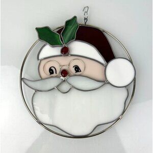 Stained Glass Santa Claus Round Christmas Sun Catcher Hanging Wall Art Decor